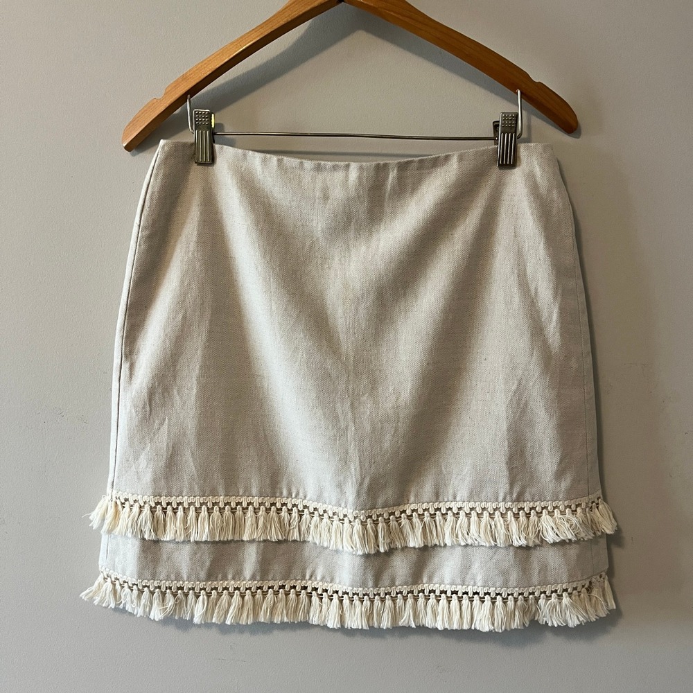 LOFT Petites Fringe Trim A-Line Skirt Boho Beige 6P Cotton Linen Blend